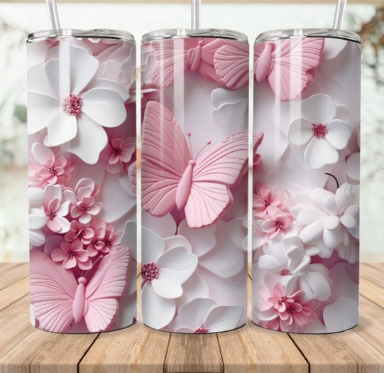 Niche Utama 1 D Pink Butterfly Floral  Oz Skinny Tumbler Sublimation Design