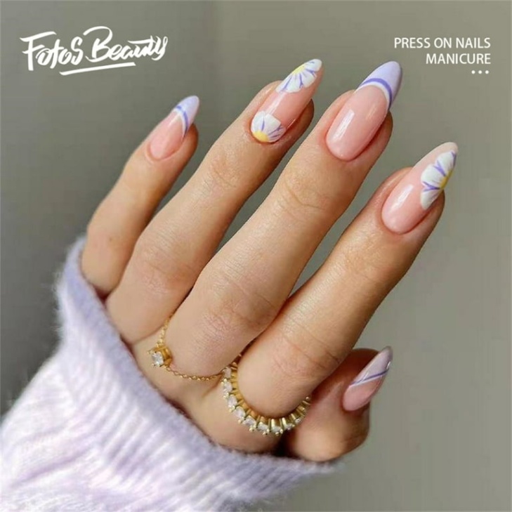 Niche Utama 2 Fofosbeauty  Pcs Almond Nails Designs , Medium Press On Nails French  Tip Nails, Light Purple Line And Flower