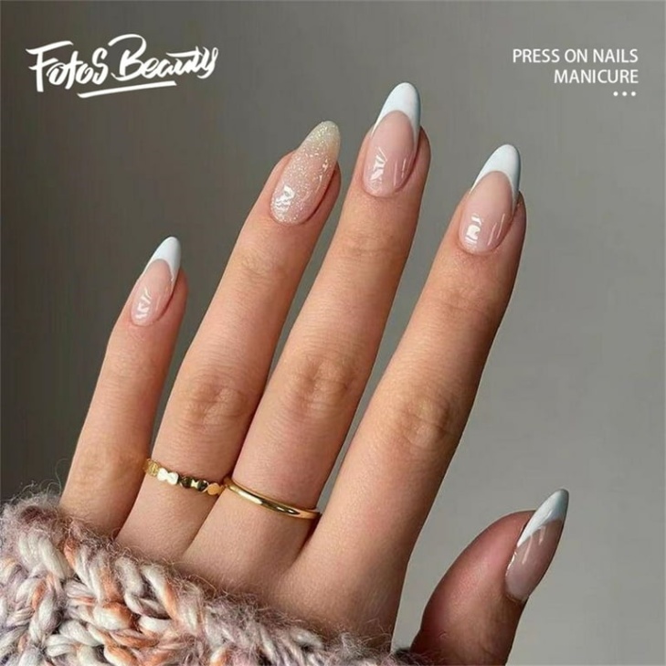 Niche Utama 2 Fofosbeauty  Pcs Almond Nails Designs , Medium Press On Nails French  Tip Nails, White Sparkle